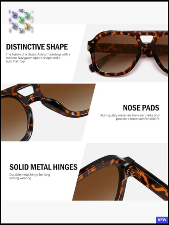 Oversized Flat Top Chunky Aviator Sunglasses Retro 70s Double Bridge Square main image 4